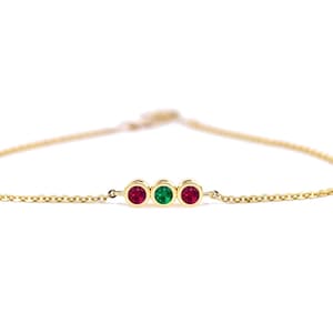 Trio Gemstone Personalized Real Emerald Ruby Bezel Setting Bracelet, 14K Solid Gold Thin Chain Bracelet Minimalist Fine Jewelry Special Gift