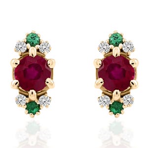 14K Gold Ruby Emerald Stud Earrings: Diamond Cluster Pair