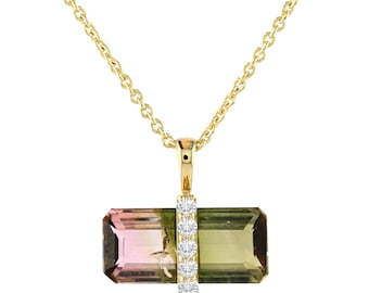 Natural Watermelon Tourmaline Diamond Pave Pendant Necklace, Solid 18K Gold Cocktail Jewelry
