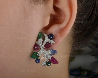 Leaf Multistone Diamond Earrings: 18K White Gold Statement Earrings