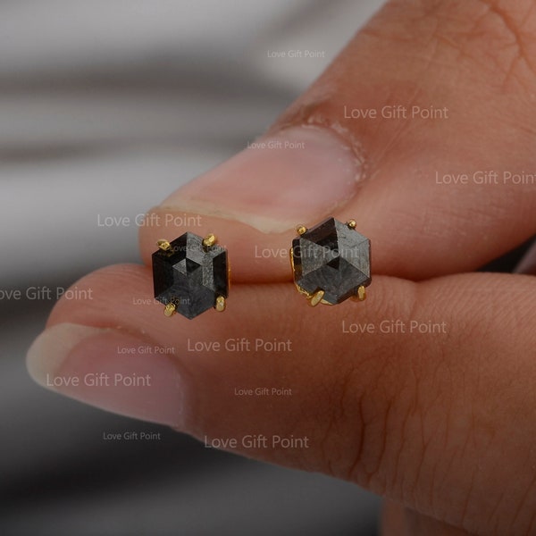 Natural Tiny Hexagon Salt and Pepper Diamond Stud Earrings Solid 14K Yellow Gold Black Diamond Geometric Wedding Jewelry Special Gift Idea.