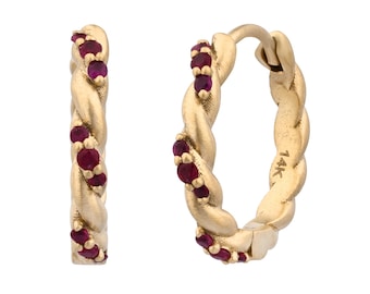 Ruby Rope Hoop Earrings, 14K Yellow Gold Minimalist Jewelry
