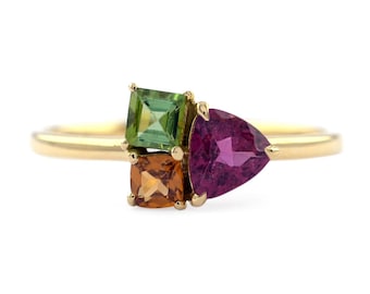 Multi Color Tourmaline Ring: 14K Solid Gold Trio Gemstone Cluster