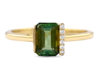 Smaragdschliff grüner Turmalin Ring: Diamant Pave 14K Solid Gold Cocktailring