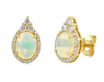 Cabochon Oval Australian Opal Diamond Halo Stud Earrings Solid 14K Yellow Gold Jewelry