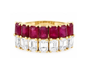 Emerald Cut Ruby and Diamond Ring Solid 14K Rose Gold Cluster Engagement Ring For Women