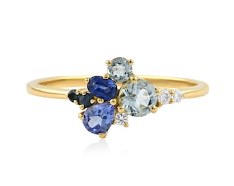14K Gold Genuine Blue Sapphire Aquamarine Tanzanite Cluster Ring, Anniversary Gift, Multi Stone Ring, Gift For Her