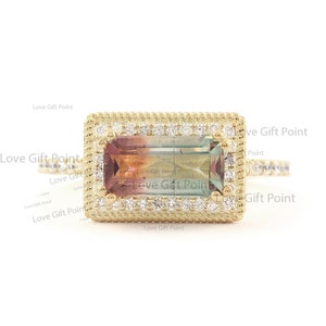 Baguette Watermelon Tourmaline Diamond Ring, 18K Gold Engagement Ring