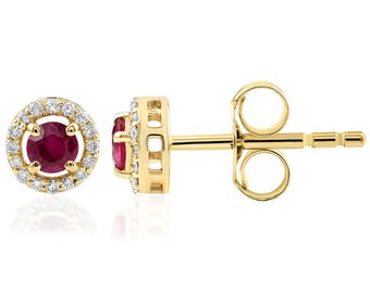 Pink Ruby Diamond Halo 14k Gold Stud Earrings, July Birthstone