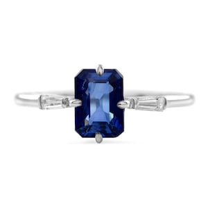 Emerald Cut Solitaire Blue Sapphite, Tapered Baguette Diamond Ring, Three Stone Ring, Solid 18K White Gold Ring, Wedding Ring, Gift For Her