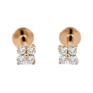 Mini Clover Stud Earrings, 10K/ 14K/ 18K Small Gold Studs, Tragus Stud Earrings, 1.2 mm (18 Gauge) Post Earrings, Flat Back Earrings
