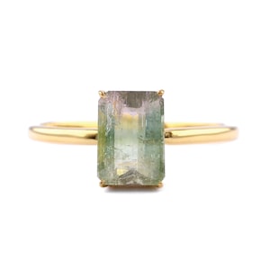 Solitaire Bio Watermelon Tourmaline Ring | Solid 14K Yellow Gold Ring | Stackable Valentine&#39;s Ring | Dainty Natural Gold Ring Gift For Women