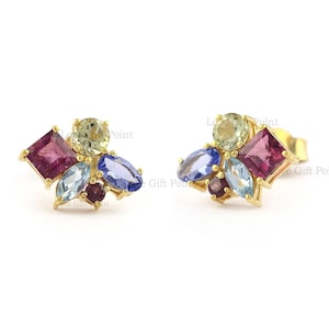Mix Shape Gemstone Cluster Stud Earrings/ Multi Stone Earrings/ 14K Solid Gold Studs/ Natural Stone Earrings For Her/ Cluster Pair Earrings