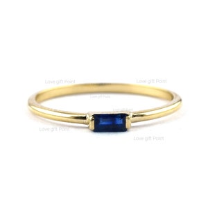 Blue Sapphire Ring, 14K Gold Baguette Blue Sapphire, September Birthstone Ring, Stackable Ring, Elegant Thin Band Ring