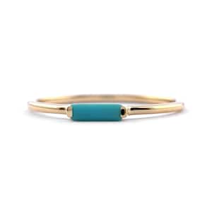 Real Baguette Arizona Turquoise Stackable Ring, Solid 14K Yellow Gold Ring, Fine December Birthstone Ring, Baguette Ring, Gifts