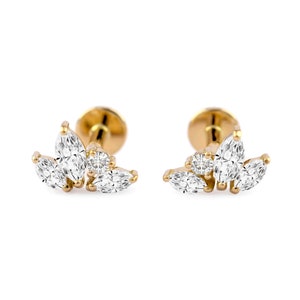 Marquise Diamond Earrings, Genuine Diamond Lotus Flower, 10K/ 14K/ 18K Gold Stud Earrings/ 1.2 MM (18 Gauge) Post Earrings, Flat Back Studs
