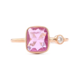 Natural Pink Tourmaline Ring, Solid 14K Yellow Gold Ring, Diamond Engagement Ring, October Birthstone Ring, Handmade Ring, Womens Ring