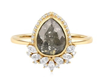 Pear Shaped Salt and Pepper Diamond Engagement Ring, 14K Yellow Gold Cluster Ring