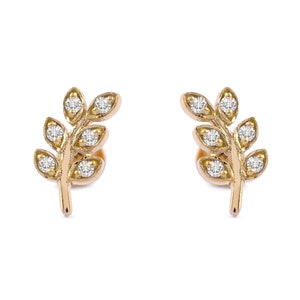 Leaf Branch Stud Earrings, 10K/ 14K/ 18K Gold, Flat Back Studs, Diamond Leaf Earrings, Minimalist Leaf Earrings, Olive Branch Leaf Earrings