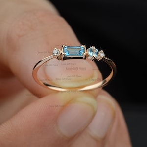 Genuine Baguette Blue Topaz Gemstone SI Clarity G-H Color Diamond Ring Solid 14K Yellow Gold Wedding Engagement Minimalist Bridesmaid Gift
