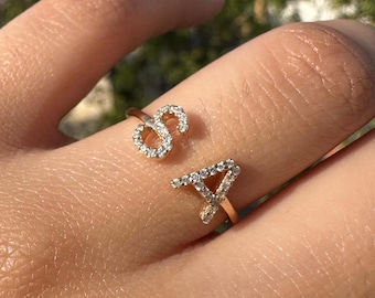 Letters Cuff Ring, 10K/14K/18K Solid Gold. Diamond Pave Initials Ring, Open Cuff Ring, Alphabet Ring, A to Z Personalized Letters Ring