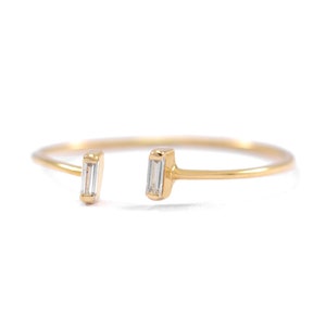 Genuine Baguette Diamond Stackable Cuff Ring. Solid 14K Yellow Gold, Handmade Minimalist Engagement Ring, Wedding Ring, Gift For Her