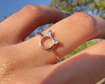 14K Solid Yellow Gold Diamond Cat Ring Cat Ring//Diamond Ring//Dainty Ring//Solid Gold, Animal Jewelry//Stacking Ring//Dainty Jewelry Gift