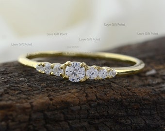 Natural Diamond Ring, 14K Solid Gold 7 Stone Diamond Ring, Diamond Pave Stackable Ring, Dainty Ring, Petite Stacking Ring