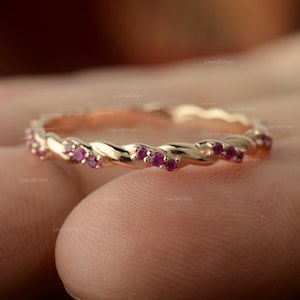 Twisted Rope Ring, Genuine Pink Ruby Stackable Ring, Eternity Rope Band Ring, 14K Solid Gold Petite Ring, July Birthstone Ring