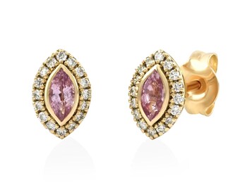 Natural Pink Sapphire and Diamond Halo Marquise Stud Earrings 14K Solid Gold Jewelry