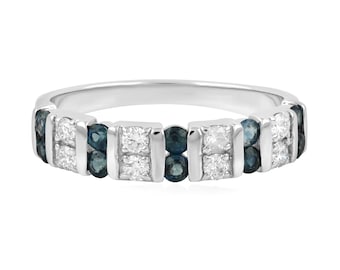 Solid 14K White Gold Natural Blue Sapphire & Diamond Double Row Wedding Ring