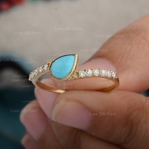 Genuine Pear Turquoise Ring/ 14K Gold Turquoise Ring/ Turquoise Diamond Ring/ Diamond Wedding Ring/ December Birthstone Ring