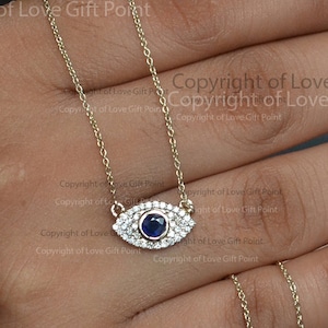 Genuine Blue Sapphire Gemstone Evil Eye Necklace 14k Gold Evil Eye Necklace Pave Si Clarity G-H Color Diamond Evil Eye Good Luck Necklace