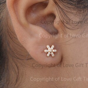 Flower Dainty Earrings | SI Clarity G-H Color Pave Diamonds Stud | Solid 14K Yellow Gold Stud | Valentine&#39;s Women&#39;s Gift | Pair Earrings
