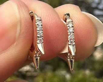 Diamond Pave Spike Hoop Earrings, 14K Gold Trio
