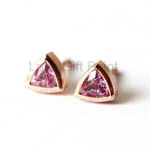 Triangle Pink Tourmaline Gemstone Earrings | Solid 14K Yellow Gold Stud | Minimalist Earrings | Valentine&#39;s Pair Earrings | Mini Earrings
