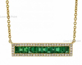 Emerald Diamond Bar Pendant Necklace: 14K Yellow Solid Gold Handmade Jewelry