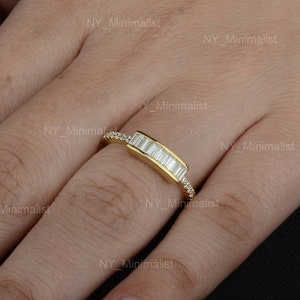 Solid 14K Yellow Gold Engagement Genuine Baguette Diamond Band Ring Handmade Minimalist Statement Jewelry Gift