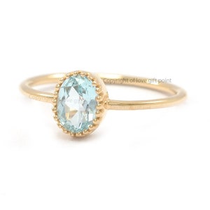 Anillo de topacio azul genuino en oro amarillo sólido de 14 k, anillo de compromiso, anillo de boda, joyería minimalista con piedra de nacimiento de diciembre, regalo de cumpleaños