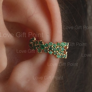 Natural Mines Zambia Emerald Cluster Cartilage Ear cuff Earring Solid 14K Yellow Gold Handmade Minimalist Fine Jewelry Special Gift for her.