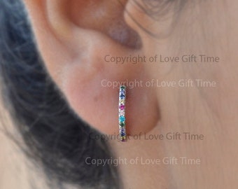 Handmade 14k White Gold Multi Sapphire Huggie Hoop Earrings