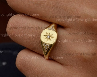 Natural Diamond Star Signet Ring in 14k Solid Yellow Gold Signet Ring Minimalist Diamond Promise Signet Ring Handmade Jewelry Christmas Gift