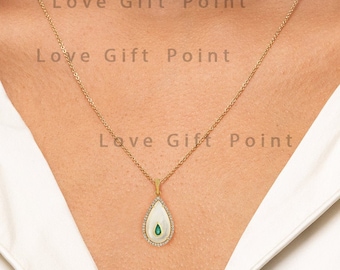 Genuine Emerald & Mother of Pearl Gemstone Pendant Necklaces in 14K Solid Yellow Gold  SI Clarity G-H color Diamond Necklace Jewelry Gift
