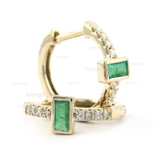 Genuine 0.30 Ct. Baguette Zambia Emerald Gemstone Real SI Clarity G-H Color Diamond Huggie Hoop Earrings Handmade Jewelry Bridesmaid Gift