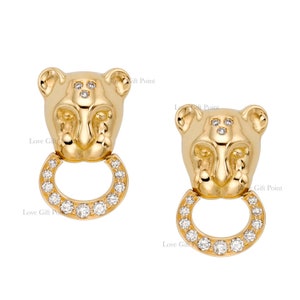 Solid 18K Yellow Gold Good Luck killer  Panther Stud Earrings With Genuine  SI Clarity G-H Color Diamond Jewelry Gift For Her 18CT