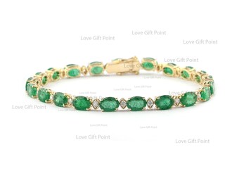 Zambia Emerald Diamond Tennis Bracelet, 14K Yellow Gold, Handmade