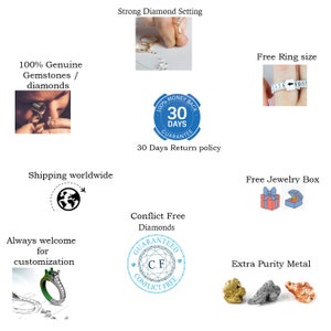 May include: A collage of images highlighting the features of a jewelry store. The images show a ring setting, a ring size measuring tool, a globe, a jewelry box, a conflict-free diamond guarantee, and a ring with a green gemstone.
