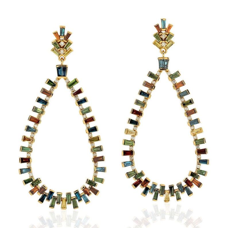 Solid 18K Yellow Gold Genuine Baguette Multi Sapphire Gemstone Solid 18K Yellow Gold Genuine Baguette Multi Sapphire Gemstone
