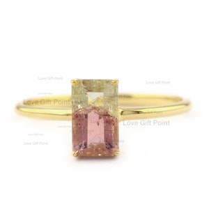 Baguette Watermelon Tourmaline Ring/ 14K Solid Gold Gemstone Ring/ Bi Color Tourmaline Ring/ Solitaire Ring/ One of a Kind Ring