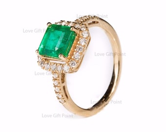 Solid 14K Yellow Gold Natural Princess Cut Zambia Mines Emerald Gemstone Birthstone Of May Real Pave Diamond Solitaire Wedding Ring